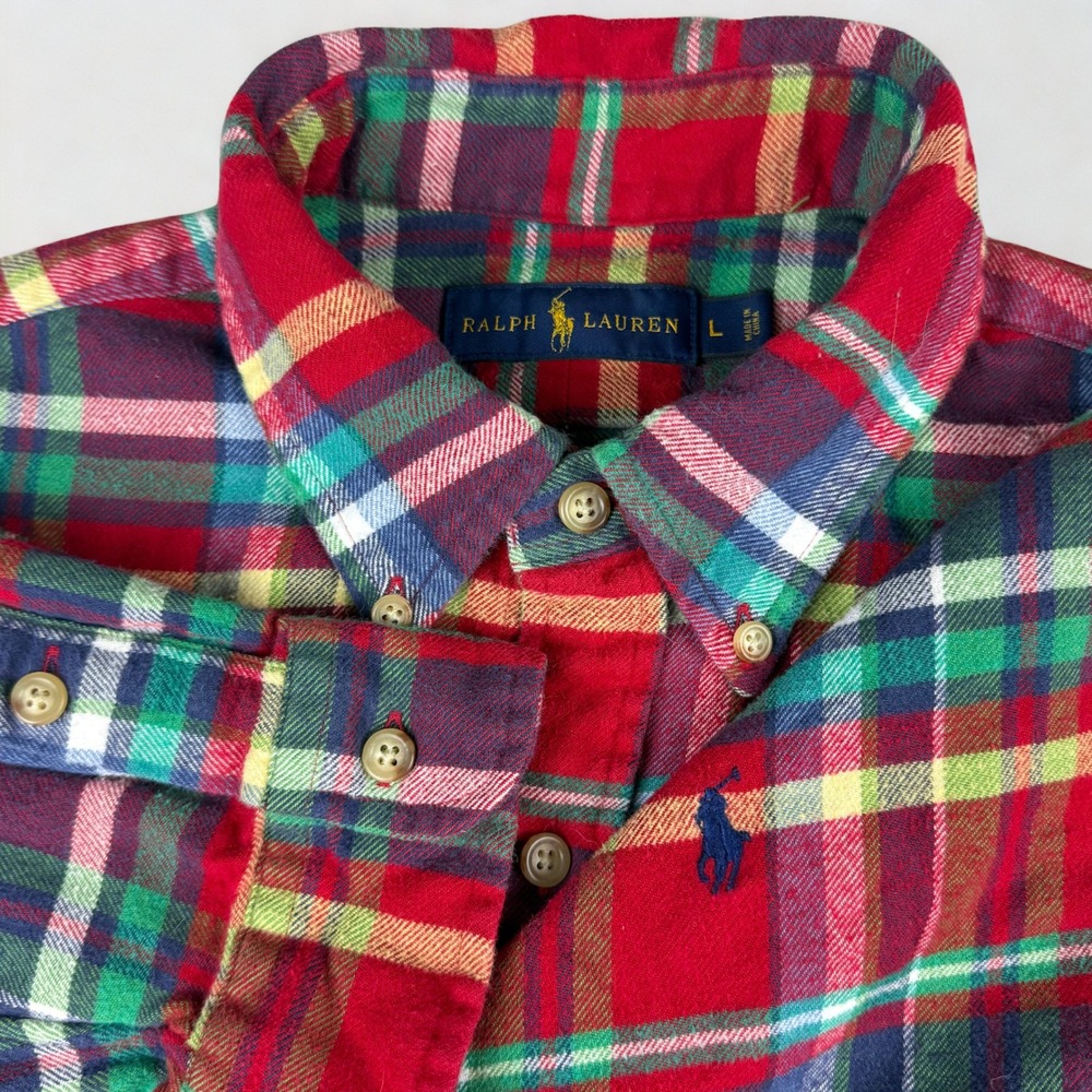 Ralph Lauren Plaid Flannel Shirt Mens L Red Green Tartan Button Down Long Sleeve